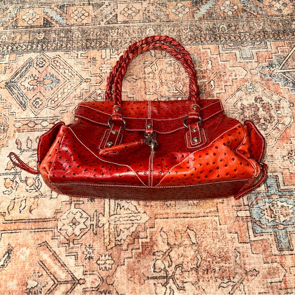 FRANCESCO BIASIA Secret Love Medium Satchel in Brown& Red
Ostrich Print Leather